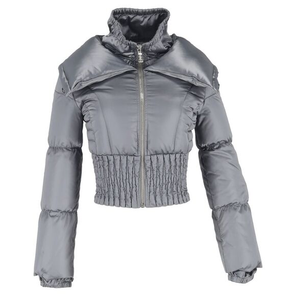 Prada Zipped Oversized Collar Down Jacket in Grey Polyamide